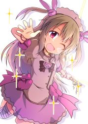 Rule 34 | 1girl, ;d, bow, rabbit hair ornament, fang, hair ornament, hat, highres, light brown hair, long hair, looking at viewer, natori sana, nurse cap, one eye closed, open mouth, puffy short sleeves, puffy sleeves, purple skirt, red eyes, sana channel, short sleeves, simple background, skirt, smile, solo, two side up, virtual youtuber, white background, yuuhi alpha