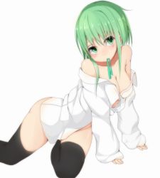 Rule 34 | 1girl, bare shoulders, black thighhighs, blush, breasts, cleavage, artistic error, green eyes, green hair, gumi, matching hair/eyes, mouth hold, naked shirt, ratsuku kinoko, shirt, short hair, simple background, solo, thighhighs, vocaloid, white background