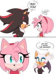 Rule 34 | 1boy, 2girls, absurdres, amy rose, animal ears, animal nose, aqua eyes, arm up, bare shoulders, bat ears, bat girl, bat tail, bat wings, black bodysuit, black fur, blue eyeshadow, body fur, bodysuit, bracelet, breasts, brown fur, closed mouth, comic, commentary, dress, elbow gloves, english commentary, english text, eyelashes, eyeshadow, fang, furry, furry female, furry male, gloves, gold bracelet, hairband, half-closed eyes, hand up, hands up, heart, hedgehog ears, hedgehog girl, highres, jewelry, large breasts, looking at another, looking back, makeup, medium breasts, multiple girls, open mouth, pink fur, red dress, red eyes, red fur, red hairband, rouge the bat, shadow the hedgehog, simple background, sleeveless, sleeveless dress, smile, sonic (series), speech bubble, standing, tail, teeth, tongue, toonsite, two-tone fur, white background, white fur, white gloves, wings