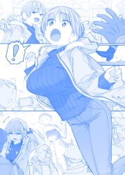 Rule 34 | !, 1girl, :d, ^^^, blue theme, breasts, cellphone, character request, coat, commentary request, crowd, denim, earmuffs, fur-trimmed coat, fur trim, getsuyoubi no tawawa, gimai-chan (tawawa), highres, himura kiseki, holding, holding phone, jeans, large breasts, long sleeves, monochrome, open clothes, open coat, open mouth, outdoors, pants, phone, short hair, smile, snow, spoken exclamation mark, sweater, turtleneck, turtleneck sweater