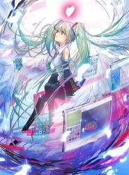 Rule 34 | 1girl, detached sleeves, feathers, green eyes, green hair, hatsune miku, heart, hii-sama, holographic interface, long hair, matching hair/eyes, necktie, sitting, solo, thighhighs, twintails, very long hair, vocaloid, wings