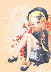 Rule 34 | 1girl, abigail williams (fate), aiee, autumn leaves, black bow, black dress, black footwear, black hat, blonde hair, bloomers, blue eyes, blush, bow, bug, butterfly, commentary, covered mouth, dress, fate/grand order, fate (series), forehead, hair bow, hands in opposite sleeves, hat, head tilt, highres, hugging object, insect, knees together feet apart, long hair, long sleeves, looking at viewer, looking away, mary janes, orange bow, parted bangs, polka dot, polka dot bow, shoes, sitting, solo, stuffed animal, stuffed toy, teddy bear, underwear, very long hair, white bloomers