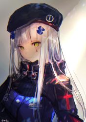 Rule 34 | 1girl, backlighting, beret, blunt bangs, blush, breasts, closed mouth, facepaint, girls&#039; frontline, green eyes, hair ornament, hat, highres, hk416 (girls&#039; frontline), jacket, light particles, long hair, looking at viewer, medium breasts, multicolored clothes, multicolored jacket, sasag yd, sidelocks, signature, silver hair, solo, teardrop, upper body