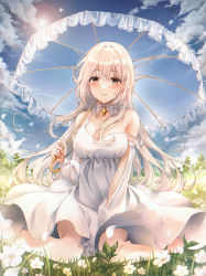 Rule 34 | 1girl, absurdres, bare legs, bare shoulders, blue sky, blush, breasts, choker, cleavage, cloud, cloudy sky, collarbone, commentary, day, dress, falling petals, flower, frilled umbrella, frills, glint, grass, highres, holding, holding umbrella, jewelry, large breasts, long dress, long hair, looking at viewer, meadow, original, outdoors, parted lips, pendant, petals, pippin (pippin sol), plant, sitting, sky, sleeveless, solo, straight-on, straight hair, strap slip, sun, sun halo, sundress, transparent, transparent umbrella, tree, umbrella, wariza, white choker, white dress, white flower, white hair, yellow eyes