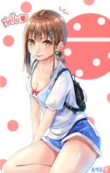 Rule 34 | 1girl, amagami rukichi, backpack, bad id, bad pixiv id, bag, blue bra, blue shorts, bra, breasts, brown eyes, brown hair, cleavage, hair ornament, hair scrunchie, hairclip, heart, highres, looking at viewer, medium breasts, medium hair, original, scrunchie, see-through, shirt, short ponytail, short shorts, short sleeves, shorts, simple background, sitting, smile, solo, underwear, white shirt