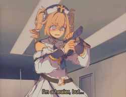 Rule 34 | 1girl, after war gundam x, barbara (genshin impact), belt, blonde hair, blue eyes, blush, brown belt, commentary, dress, english commentary, english text, finger on trigger, genshin impact, gun, gundam, handgun, holding, holding gun, holding weapon, i&#039;m a healer but... (meme), looking down, malan, meme, pistol, sketch, solo, subtitled, twintails, v-shaped eyebrows, weapon, white dress