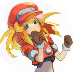 Rule 34 | 1girl, blonde hair, breasts, brown gloves, buttons, cabbie hat, commentary request, dinef, gloves, green eyes, hat, jacket, long hair, looking at viewer, mega man (series), mega man legends (series), red jacket, roll caskett (mega man), short sleeves, solo