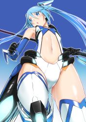 Rule 34 | 1girl, blue background, blue eyes, blue hair, boots, cowboy shot, flat chest, floating hair, from below, gauntlets, hair between eyes, highres, holding, holding polearm, holding weapon, leotard, long hair, midriff, navel, open mouth, ore twintail ni narimasu, polearm, solo, standing, stomach, tailblue, thigh boots, thighhighs, twintails, very long hair, weapon, white footwear, white leotard, yuto (dialique)