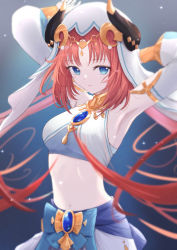 Rule 34 | 1girl, armpits, blush, bow, breasts, brooch, crop top, gem, genshin impact, gradient background, harem outfit, hechi z, highres, horns, jewelry, long hair, long sleeves, looking at viewer, medium breasts, navel, nilou (genshin impact), puffy sleeves, red hair, skirt, solo, stomach, twintails, veil