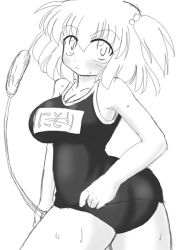 Rule 34 | 1girl, akasode (tyaramu), ass, breasts, female focus, greyscale, hair bobbles, hair ornament, kawashiro nitori, large breasts, monochrome, name tag, one-piece swimsuit, school swimsuit, solo, swimsuit, touhou