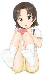 Rule 34 | 1girl, absurdres, brown eyes, brown hair, casual, commentary, full body, girls und panzer, handheld game console, highres, holding, holding handheld game console, looking at viewer, open mouth, panties, panties under shorts, panty peek, parted bangs, sawa azusa, sc naru, shirt, short hair, short sleeves, shorts, socks, solo, suspenders, t-shirt, underwear, upshorts, white background, white panties, white shirt, white socks, yellow shorts