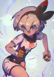 Rule 34 | 1girl, bea (pokemon), black bodysuit, black hairband, bodysuit, bodysuit under clothes, clenched hand, closed mouth, collared shirt, commentary request, creatures (company), dark-skinned female, dark skin, dynamax band, eyelashes, eyes visible through hair, game freak, gloves, grey hair, gym leader, hair between eyes, hairband, highres, holding, holding poke ball, looking at viewer, nijimaarc, nintendo, poke ball, pokemon, pokemon swsh, print shirt, print shorts, purple eyes, shirt, short hair, short sleeves, shorts, single glove, solo, ultra ball