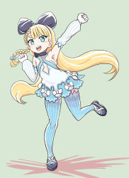 Rule 34 | 1girl, absurdres, alicia solid, arm up, armpits, black bow, black footwear, black hairband, blonde hair, blue eyes, blue thighhighs, blush stickers, bow, bow hairband, braid, cube hair ornament, detached sleeves, dress, dress bow, full body, grey background, hair ornament, hairband, highres, long hair, nama-chan (pixiv 57914742), niconi solid, open mouth, single braid, solo, standing, standing on one leg, striped clothes, striped thighhighs, teeth, thick eyebrows, thighhighs, upper teeth only, vertical-striped clothes, vertical-striped thighhighs, very long hair, white bow, white dress