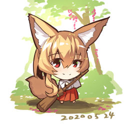 Rule 34 | 1girl, animal ear fluff, animal ears, barefoot, blonde hair, blush, broom, chibi, closed mouth, commentary request, dated, fox ears, fox girl, fox tail, hair between eyes, hakama, hakama skirt, highres, holding, holding broom, japanese clothes, kimono, long hair, long sleeves, looking at viewer, miko, original, red eyes, red hakama, skirt, smile, solo, standing, tail, tree, very long hair, white background, white kimono, wide sleeves, yuuji (yukimimi)