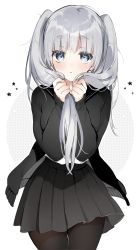 Rule 34 | 1girl, black cardigan, black pantyhose, black skirt, cardigan, commentary request, cowboy shot, grey eyes, highres, holding, holding hair, long hair, long sleeves, looking at viewer, miniskirt, original, pantyhose, parted lips, pleated skirt, sailor collar, school uniform, serafuku, silver hair, sino (sionori), skirt, solo, twintails, undershirt, white background