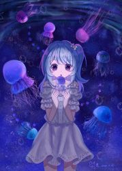 Rule 34 | 1girl, :o, air bubble, aqua dress, bang dream!, blue hair, blush, bubble, commentary, cowboy shot, dark, dated, dress, flower, frilled dress, frills, hair flower, hair ornament, highres, jellyfish, light, light blue hair, lito, long hair, looking at another, matsubara kanon, off-shoulder dress, off shoulder, one side up, puffy short sleeves, puffy sleeves, purple background, purple eyes, short sleeves, sidelocks, signature, solo focus, standing