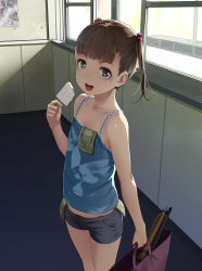 Rule 34 | 1girl, :d, bag, bare arms, bare shoulders, blue camisole, blue eyes, blue shirt, blue shorts, blunt bangs, blush, brown hair, camisole, child, collarbone, commentary request, cowboy shot, day, denim, denim shorts, female focus, flat chest, food, gun, hair bobbles, hair ornament, highres, holding, holding bag, holding food, hotpants, ice cream, implied prostitution, indoors, long hair, looking at viewer, money, money in pants, money in shirt, open mouth, original, pocket, popsicle, shirt, short shorts, shorts, shotgun, sleeveless, smile, sody, solo, standing, tucked money, twintails, weapon, window