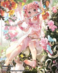 Rule 34 | 1girl, anklet, bare shoulders, barefoot, bell, bird, rabbit, flower, flute, green eyes, hair flower, hair ornament, instrument, jewelry, jingle bell, long hair, looking at viewer, lots of jewelry, mia0309, nature, navel, original, pink hair, playing instrument, rose, sitting, skirt, solo, tenkuu no crystalia, twintails