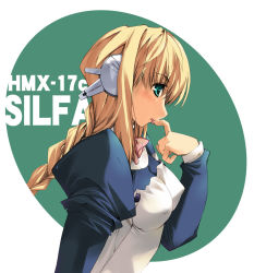 Rule 34 | 00s, 1girl, blonde hair, blush, braid, braided ponytail, breasts, covered erect nipples, green eyes, large breasts, long hair, maid, nagare hyougo, robot ears, silfa (to heart), single braid, solo, to heart (series), to heart 2, to heart 2 ad