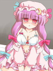 Rule 34 | 1girl, bed, blush, bow, bra, crescent, crescent hat ornament, female focus, hat, hat ornament, imageboard desourced, lingerie, long hair, non-web source, patchouli knowledge, pink bow, purple hair, ribbon, ry (yagoyago), solo, touhou, underwear