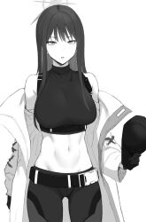 Rule 34 | 1girl, absurdres, bare shoulders, baseball cap, belt, blue archive, breasts, buckle, chest harness, coat, crop top, gloves, gomu (chewinggom), greyscale, groin, halo, harness, hat, highres, long hair, looking at viewer, medium breasts, midriff, monochrome, navel, open mouth, pants, saori (blue archive), shirt, simple background, sleeveless, sleeveless shirt, snap-fit buckle, solo, stomach, white background, white coat, wispy bangs