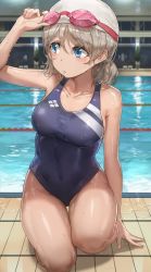 Rule 34 | 10s, 1girl, adjusting goggles, arm support, bare arms, bare legs, blue eyes, blue one-piece swimsuit, blurry, blush, breasts, brown hair, collarbone, commentary, competition swimsuit, covered navel, depth of field, free style (yohan1754), goggles, goggles on head, hair between eyes, highleg, highleg swimsuit, highres, indoors, kneeling, lane line, looking to the side, love live!, love live! sunshine!!, medium breasts, one-piece swimsuit, pool, poolside, short hair, solo, swim cap, swimsuit, thighs, watanabe you, water, wet, wet clothes