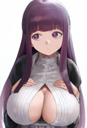 Rule 34 | 1girl, absurdres, averting eyes, black robe, breasts, cleavage, fern (sousou no frieren), hands on own chest, highres, huge breasts, kazane-wind, long hair, partially unbuttoned, purple eyes, purple hair, robe, shirt, sidelocks, simple background, solo, sousou no frieren, straight hair, sweat, sweatdrop, upper body, very long hair, white background, white shirt