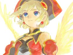 Rule 34 | 1girl, bad drawr id, bad id, bare shoulders, black collar, black shirt, black sleeves, blonde hair, blue eyes, breasts, character request, cleavage, closed mouth, collar, copyright request, detached sleeves, earrings, gold trim, hat, headpiece, jewelry, looking ahead, multicolored shirt, oekaki, red shirt, red sleeves, shirt, short hair, sidelocks, simple background, small breasts, solo, sphere earrings, tanaka pen, two-tone sleeves, upper body, white background, white shirt, yellow wings