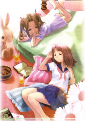 Rule 34 | 2girls, barefoot, bed, book, brown hair, closed eyes, dress, drink, drinking straw, feet, flower, glass, hair ribbon, half-closed eyes, hand on own face, head rest, highres, indoors, koutaro, looking at another, lying, multiple girls, on back, on stomach, open book, parted bangs, pillow, pleated skirt, ribbon, school uniform, serafuku, short sleeves, skirt, sleeping, soles, stuffed animal, stuffed rabbit, stuffed toy, twintails, wooden floor