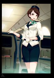 Rule 34 | 1girl, 40hara, :d, absurdres, airplane interior, black border, black eyes, blue hat, blue skirt, blush, border, breasts, brown hair, buttons, ceiling light, chair, earphones, flight attendant, gloves, green ribbon, hat, highres, jacket, legs together, long sleeves, looking at viewer, neck ribbon, open mouth, original, pencil skirt, ribbon, scan, short hair, skirt, small breasts, smile, solo, standing, tareme, television, travel attendant, uniform, white gloves, white jacket