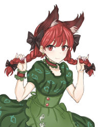 1girl, adapted costume, animal ear fluff, animal ears, apron, bangs, black bow, bow, braid, breasts, cat ears, choker, closed mouth, collarbone, commentary request, dress, ear piercing, earrings, extra ears, eyebrows visible through hair, frills, goto tsukasa, green apron, green dress, hair bow, hair ribbon, hands up, holding, holding hair, jewelry, kaenbyou rin, light blush, long hair, looking at viewer, nail polish, piercing, pink nails, puffy short sleeves, puffy sleeves, red choker, red eyes, red hair, ribbon, short sleeves, simple background, sketch, slit pupils, small breasts, smile, solo, touhou, tress ribbon, twin braids, twintails, v-shaped eyebrows, white background, wrist cuffs