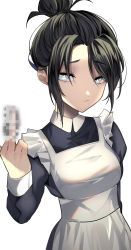 Rule 34 | 1girl, absurdres, alternate costume, animification, apex legends, apron, black dress, black hair, breasts, censored, censored gesture, dress, enmaided, grey eyes, hair behind ear, hair bun, highres, huge filesize, juliet sleeves, long sleeves, looking to the side, maid, maid apron, medium breasts, middle finger, mosaic censoring, nitogebeto, parted bangs, pout, puffy sleeves, simple background, single hair bun, solo, white background, wraith (apex legends)