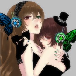 Rule 34 | 00s, 2girls, aiuchi shoru, blue nails, bow, brown hair, bug, butterfly, butterfly hair ornament, butterfly wings, couple, fingerless gloves, gloves, green eyes, green nails, hair ornament, hairband, hat, headphones, heterochromia, hug, incest, insect, insect wings, junnketu, long hair, lowres, magnet (vocaloid), mini hat, mini top hat, multiple girls, nail polish, red eyes, rozen maiden, short hair, siblings, sisters, souseiseki, suiseiseki, top hat, twincest, twins, vocaloid, wings, yuri