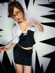 Rule 34 | breasts, cleavage, glasses, highres, kumada yoko, miniskirt, photo (medium), pointer, skirt