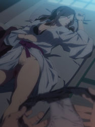 Rule 34 | 1girl, bath yukata, bed sheet, black bra, bottomless, bra, breasts, brown hair, censored, cleavage, closed eyes, clothes theft, female pubic hair, futon, highres, holding, holding clothes, holding panties, holding underwear, japanese clothes, kimi no na wa., kimono, large breasts, lips, long hair, lying, mosaic censoring, mushiro (nijie728995), okudera miki, on back, open mouth, panties, unworn panties, pillow, pubic hair, pussy, sleeping, solo focus, tatami, theft, underwear, underwear theft, yukata