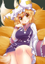 Rule 34 | 1girl, animal hat, bare legs, dress, fox tail, hat, hat with ears, highres, long sleeves, looking at viewer, mob cap, multiple tails, mob cap, solo, tabard, tail, touhou, white dress, wide sleeves, wolflong, yakumo ran, yellow eyes