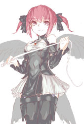Rule 34 | 1girl, 4442723, angel, angel wings, bare shoulders, black angel (elona), black ribbon, breasts, breasts apart, covered navel, cowboy shot, detached sleeves, dress, elona, eyebrows, feathered wings, feathers, garter straps, grey wings, grin, hair between eyes, hair ribbon, holding, holding whip, legs apart, long sleeves, looking at viewer, pink eyes, pink hair, ribbon, short dress, short hair, short twintails, sidelocks, simple background, small breasts, smile, solo, standing, thighhighs, turtleneck, twintails, whip, white background, wings, zettai ryouiki