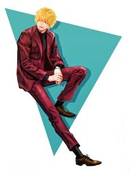 Rule 34 | 1boy, alternate costume, alternate hairstyle, blonde hair, cigarette, collared shirt, commentary request, donquixote rocinante, formal, full body, highres, male focus, necktie, one piece, red suit, shirt, short hair, solo, striped, suit, toyoura (23066494), watch, wristwatch, aged down