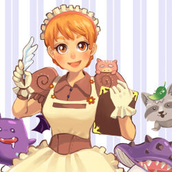 Rule 34 | 1girl, apron, blush, breasts, brown dress, clipboard, collared dress, commentary, cowboy shot, demon, deviruchi, dress, frilled apron, frills, gloves, holding, holding clipboard, holding quill, kafra uniform, leaf, leaf on head, looking at viewer, lunacerra, maid, maid headdress, medium breasts, open mouth, orange eyes, orange hair, poison spore, puffy short sleeves, puffy sleeves, quill, raccoon, ragnarok online, roxie (ragnarok online), savage babe, short hair, short sleeves, smile, smokie (ragnarok online), white apron, white gloves