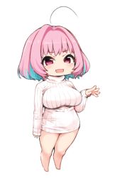 Rule 34 | 1girl, ahoge, blue hair, blush, breasts, chibi, dress, fang, full body, hair intakes, hand up, idolmaster, idolmaster cinderella girls, large breasts, long sleeves, looking at viewer, moru (monaka), multicolored hair, no nose, no pants, open mouth, pink eyes, pink hair, ribbed sweater, simple background, skin fang, sleeves past wrists, smile, solo, standing, sweater, sweater dress, tareme, thick thighs, thighs, turtleneck, turtleneck sweater, two-tone hair, white background, white sweater, yumemi riamu