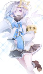 Rule 34 | 1girl, absurdres, aiguillette, amane kanata, angel, angel wings, armband, asymmetrical bangs, asymmetrical hair, black skirt, blue bow, blue bowtie, blue hair, blue socks, blush, bob cut, boots, bow, bowtie, colored inner hair, cropped jacket, eme (emeralda), eyes visible through hair, feathered wings, feet out of frame, frilled skirt, frills, gingham legwear, gradient eyes, grey jacket, hair over one eye, halo, hand in own hair, highres, hololive, jacket, knee up, leg up, legwear garter, long sleeves, looking at viewer, mini wings, miniskirt, multicolored eyes, multicolored hair, purple eyes, sailor collar, shirt, short hair, silver hair, skirt, sleeve cuffs, sleeves past wrists, sleeves rolled up, socks, solo, standing, standing on one leg, star halo, turtleneck, virtual youtuber, white shirt, white wings, wide sleeves, wings