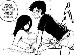 Rule 34 | 1boy, 1girl, ball busting, bare legs, bed, breasts, bulge, erection, erection under clothes, femdom, legs, long hair, lying, makunouchi, manga page, medium breasts, navel, panties, self defence, sexual harassment, speech bubble, squeezing testicles, testicles, thighs, underwear
