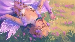 1girl blonde_hair blooming_dreams_(infinity_nikki) breasts circlet cleavage closed_mouth commentary dress fairy_wings flower gold_armlet gold_circlet gown hair_flower hair_ornament hair_spread_out highres infinity_nikki lipstick lying makeup nail_polish nikki_(series) on_back on_grass purple_arm_warmers purple_dress purple_eyes purple_flower purple_wings red_lips red_nails short_hair_with_long_locks sleeveless sleeveless_dress small_breasts smile solo symbol-only_commentary upper_body upside-down wavy_hair wernope wings