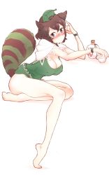 Rule 34 | 1girl, alcohol, animal ears, barefoot, blush, bottomless, bracelet, breasts, brown eyes, brown hair, cleavage, commentary request, covered erect nipples, full body, futatsuiwa mamizou, highres, jewelry, large breasts, leaf, leaf on head, looking at viewer, non (z-art), one-hour drawing challenge, raccoon tail, sake, short sleeves, simple background, sitting, solo, tail, touhou, white background