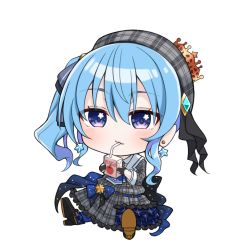 Rule 34 | 1girl, blue hair, bow, chibi, commentary request, drink, earrings, full body, gloves, hair between eyes, hat, high heels, hinata kokage, holding, holding drink, hololive, hoshimachi suisei, hoshimachi suisei (1st costume), jewelry, juice box, long sleeves, looking at viewer, side ponytail, simple background, sitting, solo, virtual youtuber, white background