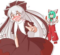 Rule 34 | 2girls, blush, bow, bright pupils, brown bow, brown dress, brown ribbon, closed mouth, cosplay, costume switch, dress, frilled ribbon, frills, front ponytail, fujiwara no mokou, fujiwara no mokou (cosplay), green eyes, green hair, grey hair, hair bow, hair ribbon, holding, holding torch, kagiyama hina, kagiyama hina (cosplay), long hair, looking at viewer, mizusoba, multiple girls, ofuda, ofuda on clothes, open mouth, orange eyes, pants, red pants, ribbon, shirt, short sleeves, simple background, smile, standing, suspenders, sweat, torch, touhou, white background, white bow, white pupils, white shirt