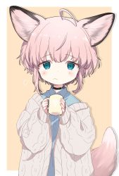 Rule 34 | 1girl, ahoge, animal ears, arknights, black choker, blue eyes, blue shirt, blush, border, brown hair, choker, collared shirt, cup, fox ears, fox girl, fox tail, frown, highres, holding, holding cup, looking at viewer, mug, outside border, shadow, shirt, short hair, simple background, solo, sussurro (arknights), tail, upper body, white border, yellow background, yukijiro