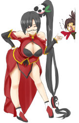 Rule 34 | 1girl, arc system works, bare shoulders, bent over, black hair, blazblue, blazblue: calamity trigger, breasts, brown hair, china dress, chinese clothes, cleavage, couple, dress, glasses, homura (haku89), lao jiu, large breasts, litchi faye ling, long hair, ponytail, purple eyes, scar, shishigami bang, very long hair, wink