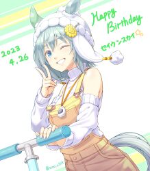 Rule 34 | 1girl, animal ears, bare shoulders, beanie, blue eyes, blush, breasts, clothing cutout, commentary request, cowboy shot, dated, dutch angle, ear covers, flower, grey hair, grin, hair between eyes, hair flower, hair ornament, hairclip, happy birthday, hat, highres, horse ears, horse girl, horse tail, long bangs, long sleeves, looking at viewer, masaki shino, medium breasts, motor vehicle, one eye closed, scooter, seiun sky (umamusume), short hair, shoulder cutout, single ear cover, smile, solo, strap slip, sunflower, sunflower hair ornament, sweater, tail, turtleneck, turtleneck sweater, umamusume, v, white hat, white sweater, yellow overalls