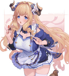 Rule 34 | 1girl, blonde hair, blue eyes, blush, breasts, chocolate, commentary request, draph, granblue fantasy, hair intakes, highres, horns, large breasts, long hair, melting, off-shoulder sweater, off shoulder, pointy ears, razia, simple background, skirt, solo, sweater, thighhighs, u jie, valentine, very long hair